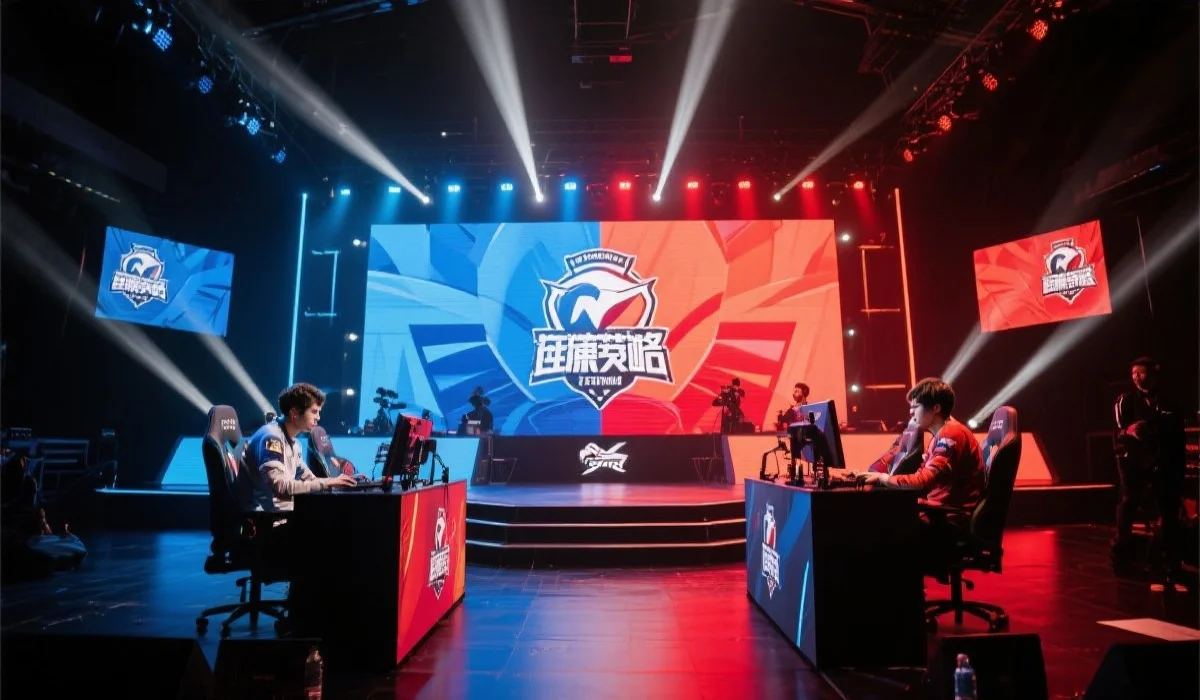 一个充满激情和策略的电竞比赛现场，舞台灯光璀璨，两支队伍的选手正在紧张地进行比赛，背景是巨大的赛事屏幕